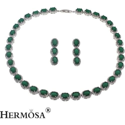Hermosa New Women Ladies Charming Jewelry Sets Natural GreenEmerald Silver Color Necklace Bracelet Earring
