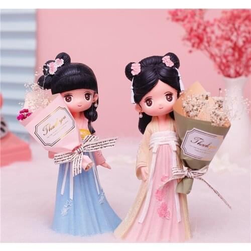 Kawaii Ancient Chinese Hanfu beauty with flowers /bear decoration girlfriends birthday gift creative Chinese souvenir home decor