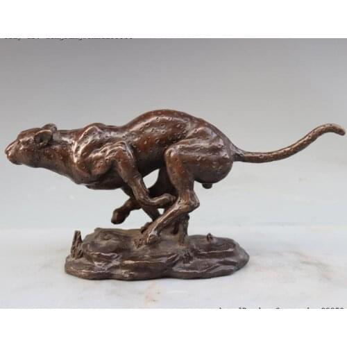 Chinese Folk Copper Bronze Ferocious Leopard Panther Catamount Animal Art Statue