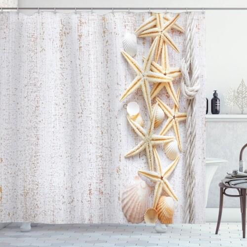 Nautical Shower Curtain Set Neutral Art Sea Shells and Starfish Curtain for Bathroom Decor 12 Hooks Decorative Bath Accessory