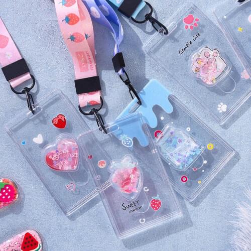 New Cute Quicksand Fruits Animals Lanyard Credit Card ID Holder Bag Student Women Travel Bank Bus Business Card Cover Badge