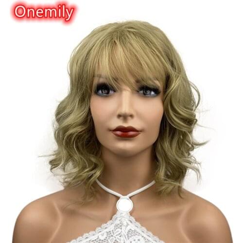 Onemily Medium Length Wavy Wave Curly Heat Resistant Synthetic Hair Wigs for Women Girls with Side Bangs Party Evening Out