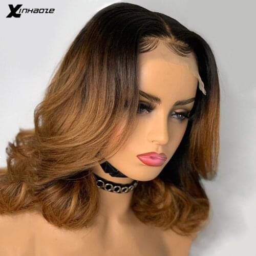Black Root 5*5'' Silk Base Human Hair Wig with Baby Hair Short Natural Wave Wig Ombre Honey Blonde Lace Front Wig Pre Plucked