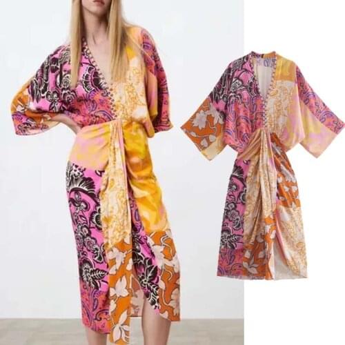 Klkxmyt Za Dress Women 2021 Summer Print Midi Dresses V-Neck Kimono Pleated Party Long Dress Elegant Girls Causal Dress Vestidos