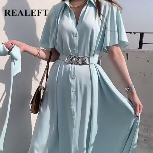 REALEFT Summer 2021 New Elegant Womens Shirts Dresses with Belted Single Breasted Short Sleeve Chic Female Beach Long Dress