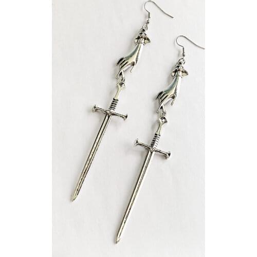 Silver Plated Witchy Victorian Hand Earrings-Occult-gothic-hands-Sword -Dagger-athame-Knife-goth-blade-lady Hands