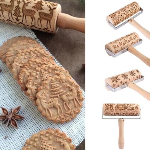 Christmas Rolling Pin Wooden Embossing Rolling Pin With Pattern Christmas Roller Wooden Needle Kitchen Cake Decorating Tools