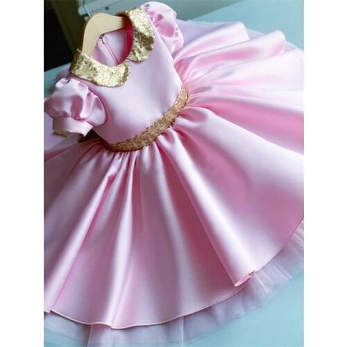 Pink Girls Clothing Satin Short Sleeves Girls Dress Kids Clothes For Birthday Princess Clothes Big Bow