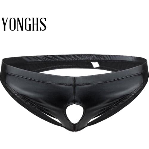 Sexy Mens Lingerie Latex Panties Shiny Patent Leather Open Butt Hot Sexy Exotic Bikini Briefs Jockstrap Gay Homme Underwear