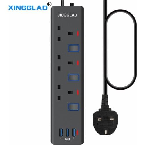 UK Plug Power Strip Network Filter Overload Protection With 3 USB PortsCharging Socket 13A 2M Extension Cord for Home Office