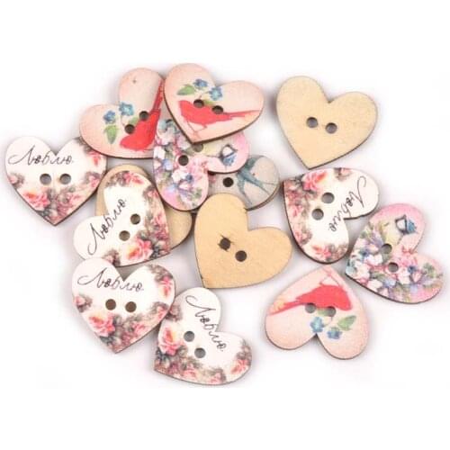 Mixed 25pcs Flower Painted Heart Wooden Buttons For Clothing Sewing Supplies Scrapbooking Home Decor Crafts 21x29mm M0304x