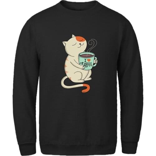 Sweatshirt Mens Cat I Love Coffee Casual Long Sleeve Hoodie Vintage Outwear Hipster Clothing Winter Retro Sudaderas Masculino