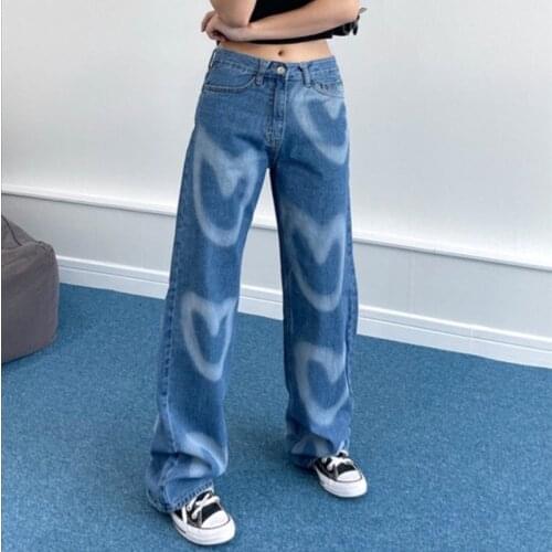 Vintage Straight Jeans Women 2021 Y2K High Waist Loose Wide Leg Denim Pants Love Printed Casual Trousers Female Jean P183
