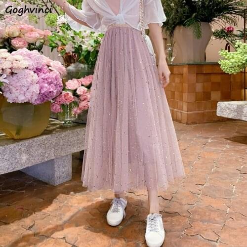 Skirts Women Mid-calf Mesh Sequined Fashion Harajuku Korean Style Casual Sweet Simple Solid Empire All-match Popular Hot Sale