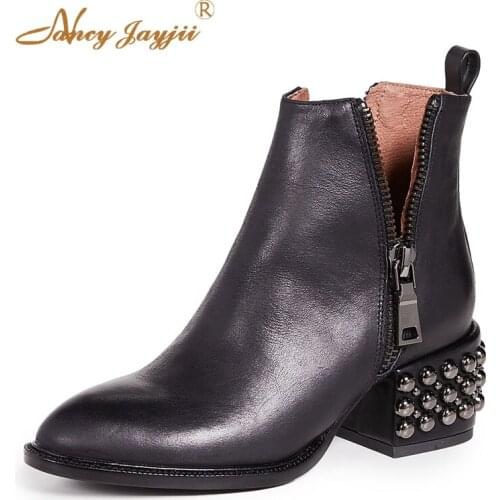 Black Women Ankle Boots Ladies Shoes Rivets 2021 Autumn Luxury Block Chunky Heels Round Toe Motorcycle Bota Big Size 45 46 44 41