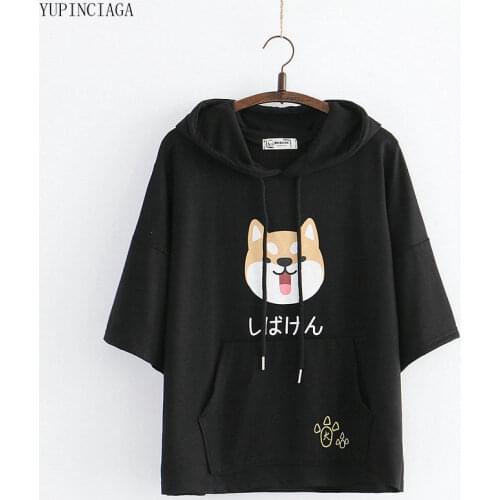 Women’s Cute Cartoon Print Harajuku Hoodies Sweatshirts Short Sleeve Hooded Pullovers Femme Drawstring Tracksuit