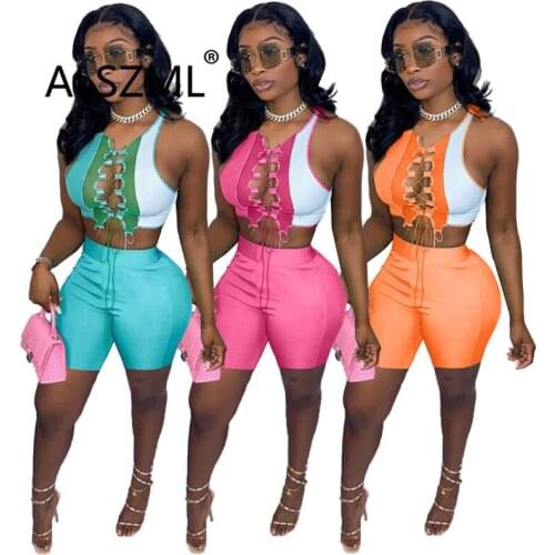 Women Set Patchwork Crisscross Lace Up Sleeveless Crop Tops Elastic Shorts 2 Piece Set Active Tracksuit Sexy Outfits