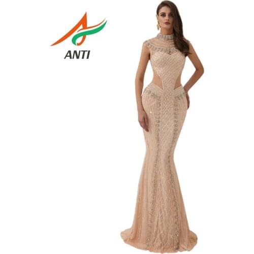 ANTI Champagne Sexy Mermaid Evening Dress 2019 New Arrival Beading Crystal Formal Party Gowns For Woman Robe De Soiree in turkey