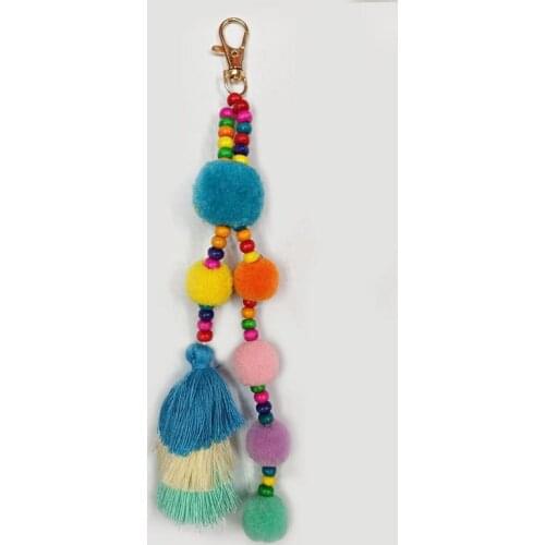 1pc Boho Style Colorful Keychains Wooden Beads Pompom Keyring With Rainbow Tassel New Jewelry For Summer Women Dropshipping