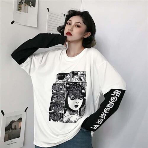 2021 Harajuku T Shirt Women Clothes Cartoon Print Couples Tshirt Fake 2 Pieces Japanese Fujiang Horror Comics Long Sleeve Shirt