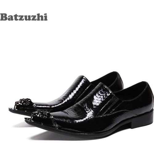 Batzuzhi Fashion Men Shoes Pointed Metal Tip Black Leather Dress Shoes Male Business Formal Footwear zapatos de hombre, Big Size