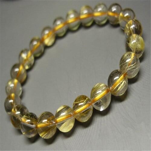 8.5mm Genuine Brazil Yellow Hair Titanium Rutilated Quartz Fashion Jewelry Round Loose Bead Natural Crystal Bracelet For Women