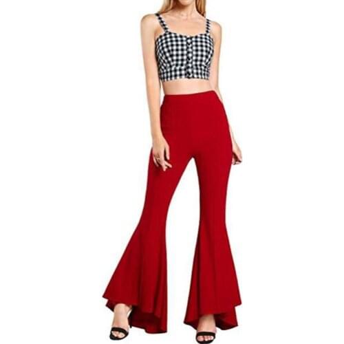 Women pants Solid Color Elastic High Waist Wide Leg Pants Bell-Bottom Flare Trousers 2021