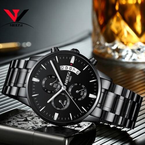 NIBOSI Black Metal Watch Men Watches Luxury Famous Top Brand Mens Fashion Casual Dress Watch Military Quartz Wristwatches Saat