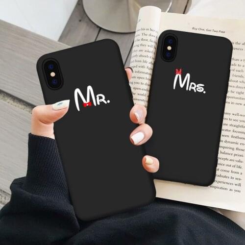 JAMULAR Cute Bow Mr Mrs Couple Case For iPhone X XS MAX XR 11Pro 12 6 SE20 7 8Plus Simple Letter Soft Black Silicone Phone Cover