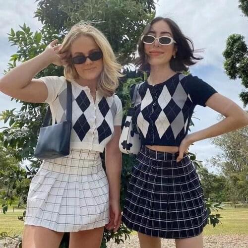 Women Argyle Short Sleeve Crop Cardigan Crop Knit Top