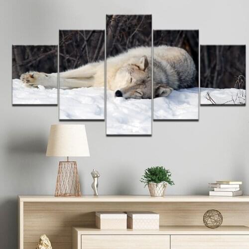 HD Print Canvas Wall Art Living Room Home Decor Pictures 5 Pieces Snow Mountain Plateau Wolf Paintings Animal Snow scene Posters