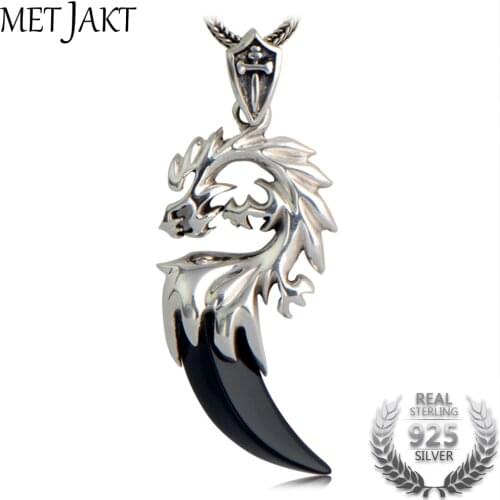 MetJakt 925 Sterling Silver Dragon Head Pendant with Natural Agate Crescent & Silver Snake Chain Necklace Suitable for Men