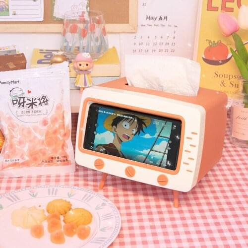 Cute TV Shape Tissue Box Multifunction Mobile Phone Shelf Kitchen Tissue Storage Box Living Room Drawer Storage Organizer Box
