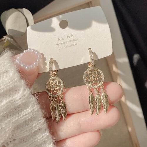 Fashion Hollow Dream Catcher Leaf Feather Shiny Crystals Drop Dangle Earrings For Women Party Jewelry Korean Hanging CZ Earrings