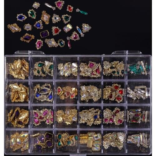24 Cells/box Nail Personalized Fashion Jewelry Set Alloy Crown Zircon Resin Flower Mixed DIY Nail Art Accessories Tool HH2401