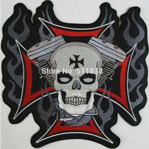 9.5" XXL SKULL ON IRON CROSS & PISTONS BACKPATCH Rider Rock Heavy Metal biker vest Costume Embroidered iron on patch