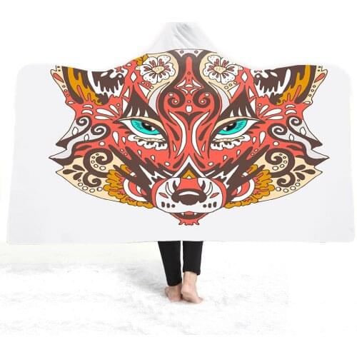 Free shipping Holiday Gift Ethnic BOHO Wolf Lion Elephant Mandala Sherpa Fleece Hooded Blanket Cloak Camping Sofa Office Throw