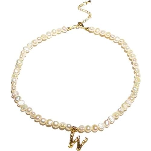 LiiJi Unique 26 Letters Baroque Pearl Necklace Gold Color Fashion Style A-Z Letter Charm 39+5cm Choker Necklace Female Neckalce