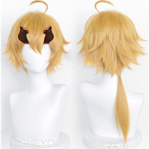 Tohma Cosplay Wig Game Genshin Impact Tohma Gold Ponytail Heat Resistant Synthetic Hair Halloween Party Role Play Wigs + Wig Cap