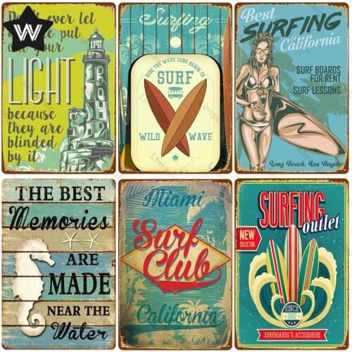 Beach Metal Sign Miami Surf Club Tin Plate Summer Hit Wall Stickers Vintage Wall Art Retro Metal Plaque for Pub Club Decoration