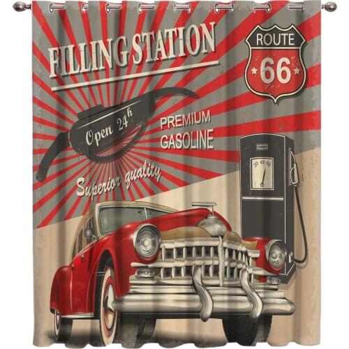 Retro Car Poster Room Curtains Large Window Route 66 Curtains Dark Curtain Rod Kitchen Decor Kids Swag Window