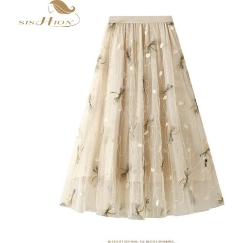 SISHION Dragonfly Embroidery Summer Tulle Long Skirts Womens Mesh A-line Saia Female Jupe Tutu Skirts Faldas Mujer VD2079