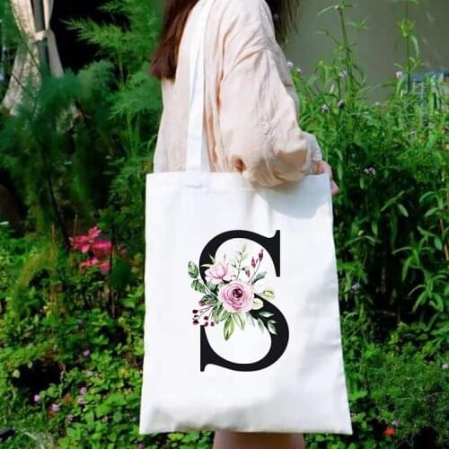 English Alphabet Flower Letter Shopping Bag Personalised Tote Canvas White Bag Harajuku High Capacity Women Handbag Reusable