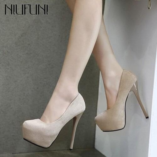 NIUFUNI 2020 Fashion High Heels Flock Leather Women Shoes Platform Party Pumps 14cm Stiletto Heels Ladies Spring Autumn Shoes