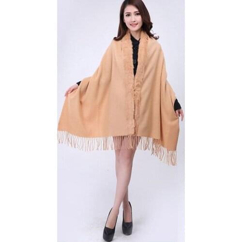 Camel 100% Wool Cashmere Pashmina With Rabbit Fur Shawl Scarf Fashion New Winter Womens Warm Oversize Tippet 180 x 70cm 011614