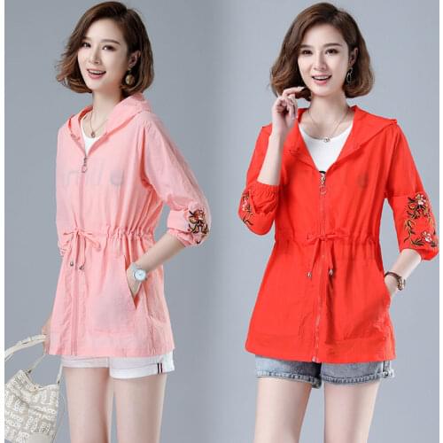 Women Embroidered Summer Mid-length Sun Protection Shirt UV Protection Jacket Womens Plus Size Loose Middle-aged Mother Coat D