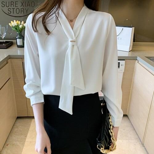 Office Long Sleeve Solid Women Shirts with Bow Tie 2021 New Fashion Chiffon Women Blouse and Tops V Neck Loose Clothes 13022