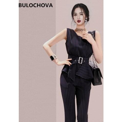 2021 Newest Summer Womens Pants Suits With Belt O Neck Sleeveless Striped Vest Tops + Straight Full Length 2 Pieces Sets Mujer