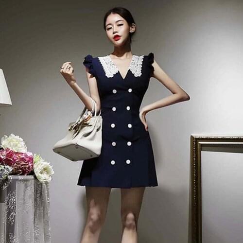 Fashion Summer Korean Casual Streetwear Mini Dress Ladies OL Retro Double-Breasted Button Sleeveless Ruffle Elegant Short Dress