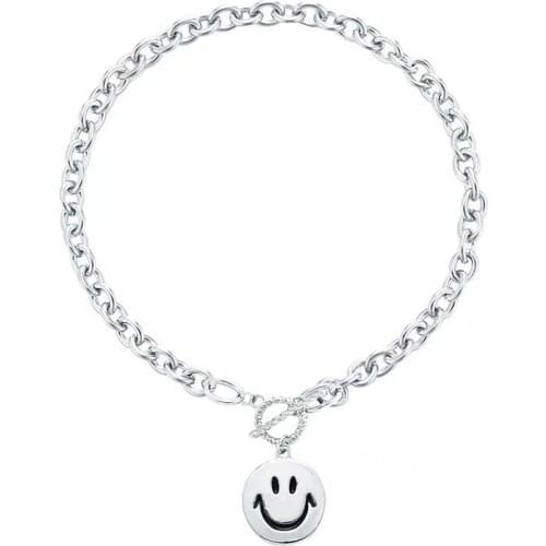 Hip Hop Smiley Face Pendant Necklace for Women Silver Color Clavicle Chain Short Necklaces Female 2021 Fashion Jewelry New